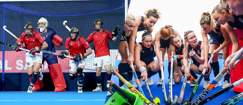 Male hockey players on a pitch and female hockey players have a team talk