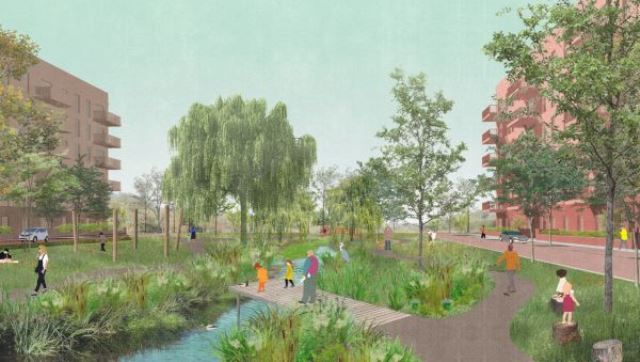 Artist's impression of Leyton Mills with walkways and planting