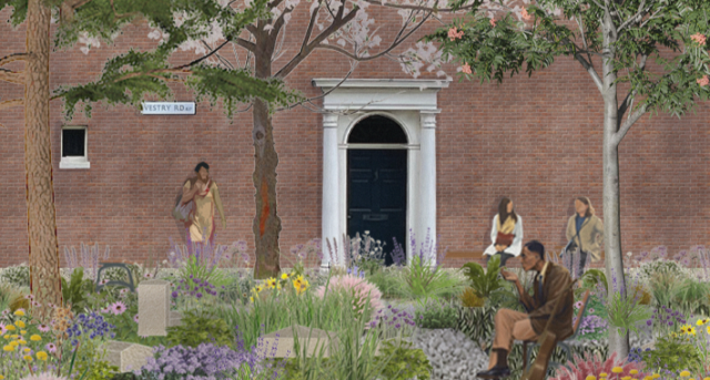 Artist's impression of what Vestry House Museum might look like from the outside with plants and seating. One man has a guitar