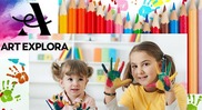 Art Explora logo and a picture of two children with paint on their hands from painting