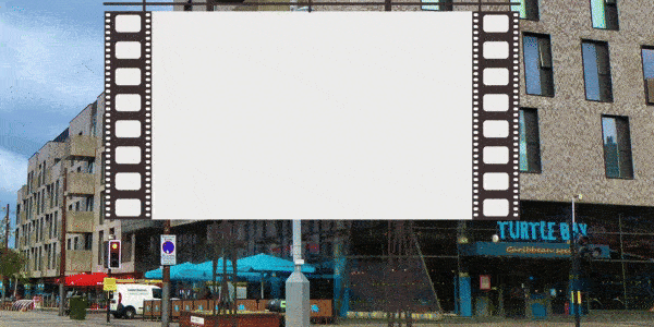 The Scene in Walthamstow High Street with a big Coming Soon flashing screen over it