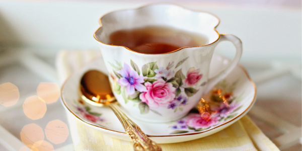 Close up on a traditional china tea cup containing tea