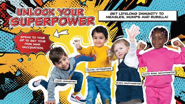 Four children pose as superheroes: Louay from Chingford, Vihaan from Leytonstone, Eliza and Olivia Rose from Walthamstow