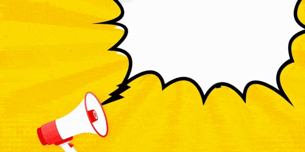 Animation of a loud hailer announcing the word quiz in a speech bubble