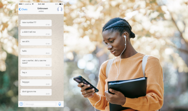 A person wearing headphones looks at their phone screen. Inset are a series of messages on their phone screen from the same person