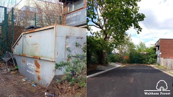Before and after pictures of a rusty skip with a shopping trolley and rubbish dumped around it in Upper Walthamstow, transformed into a clear space