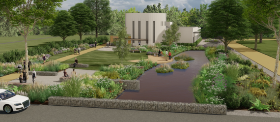 CGI of proposed Chingford Mount crematorium showing a modern low rise building surrounded by trees