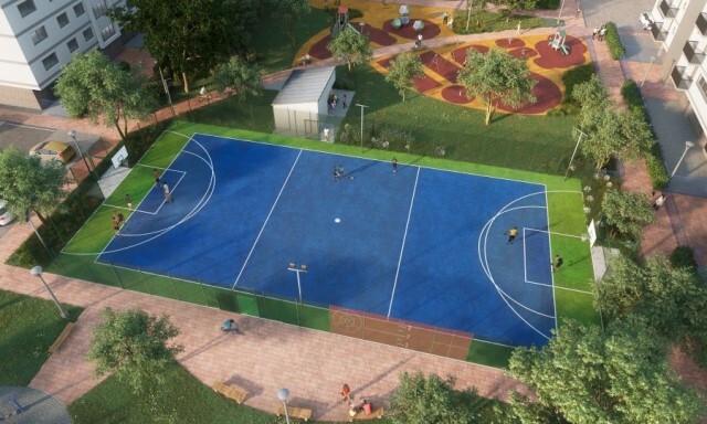 Overhead view of CGI of the new play and sports areas, seating and landscaping at Priory Court