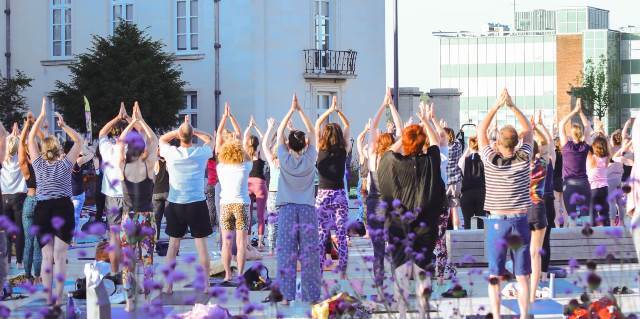 A crowd of people shown from behind doing yoga in a sunny Fellowship Square