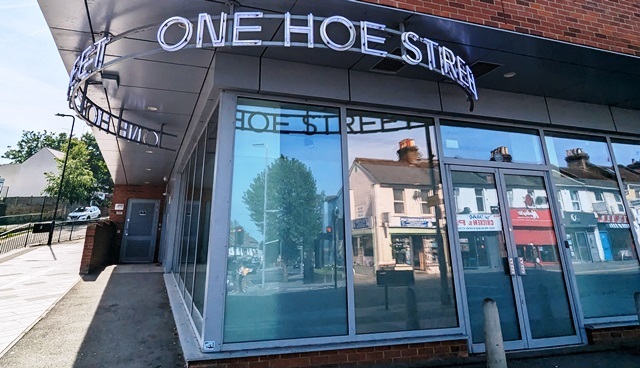 Exterior and entrance of One Hoe Street, shown on the corner of Hoe Street and Howard Road
