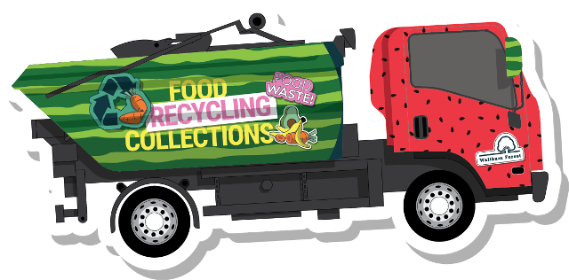 Illustration of a food waste truck with a watermelon front