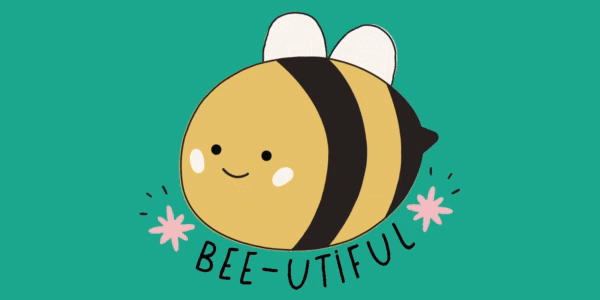 Illustration of a blushing bee with Bee-utiful caption