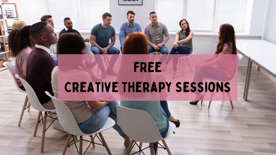 A graphic saying FREE community therapy sessions on top of a photo of a session