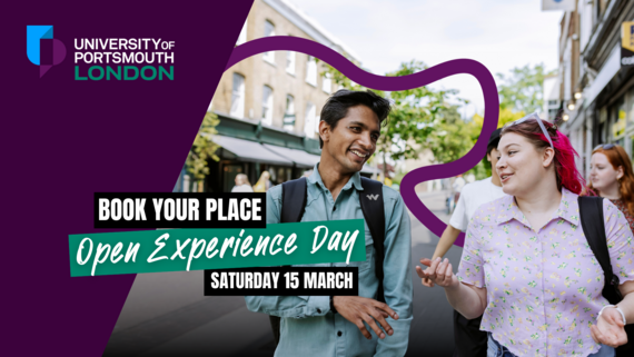 A photo of two students iwth the text: University of Portsmouth experience open day, book your place!