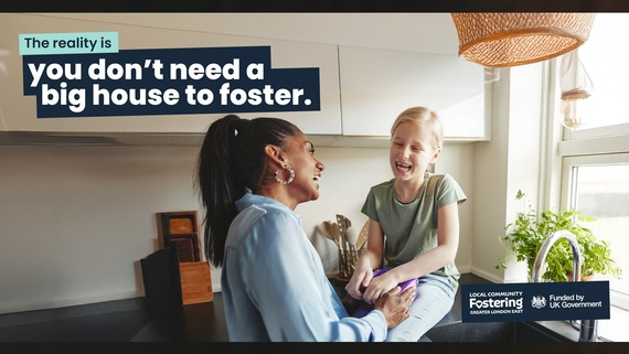A photo of a foster parent and a child with the text: The reality is, you don't need a big house to foster