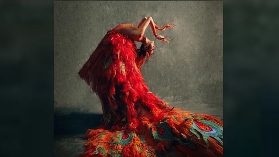 A photo of a woman in an extravagant phoenix dress