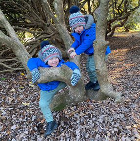 Nature tots image showing 2 children climbing a tree