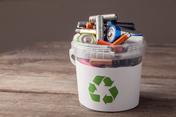 pot of different sized batteries to be recycled