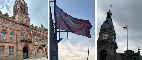 Red Ensign flag flying at Barrow Town Hall, Red Ensign flag flying at Ferry Nab, Windermere & Red Ensign Flag flying at Kendal Town Hall