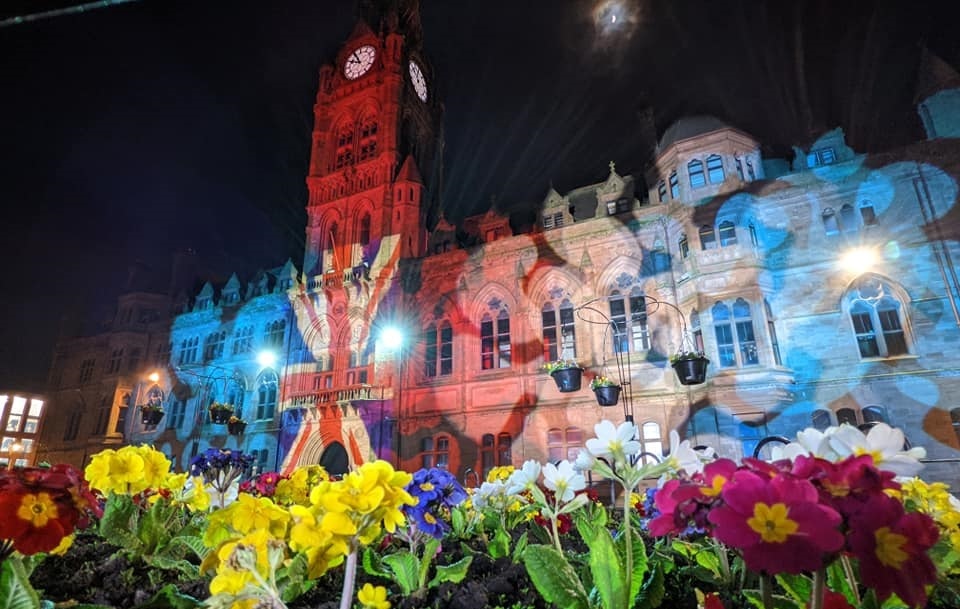 Barrow Town Hall lit up in the colours of the Union Jack