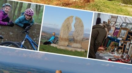 Images of two children and a bike, a stone sculpture and a person looks at some paintings