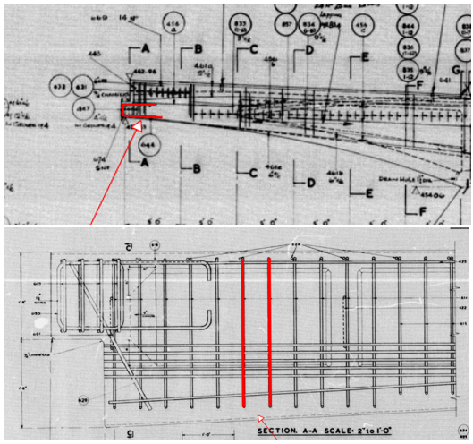 Extracts from the 1970s record drawings showing the bars exposed during the intrusive investigations