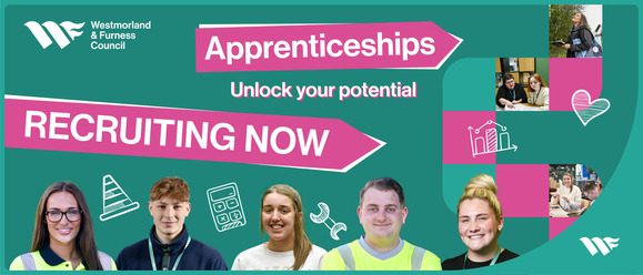 Five apprentices with Westmorland and Furness Council logo and following slogan: Unlock your potential