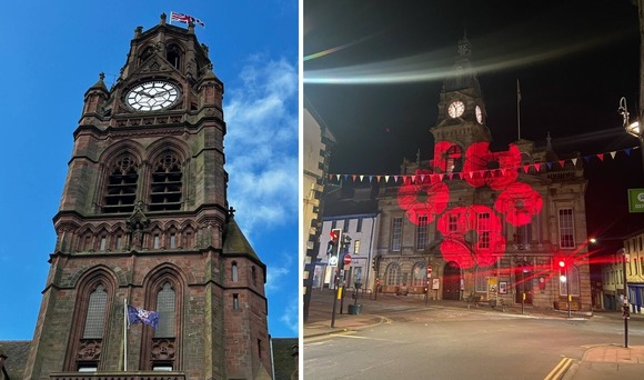 Union Flag and VE Day flag flying at Barrow Town Hall and Kendal Town Hall lit up for VE Day