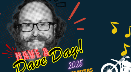 Dave Myers, bunting, musical notes and a motorbike