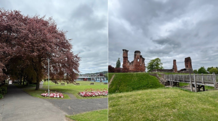 A large oak tree by a path through the flowers and green space of Castle Park in Penrith