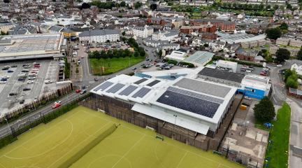 Drone view of Penrith Leisure Centre roof showing new PV panels