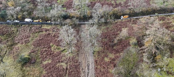An aerial view of the landslip on the A592.