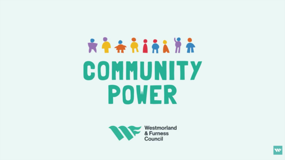 Westmorland and Furness Council logo alongside cartoon animation of several people and text reading Community Power.