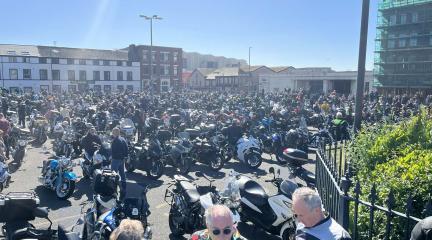 Bikers parked on the car park behind the town hall for Dave Day 2024