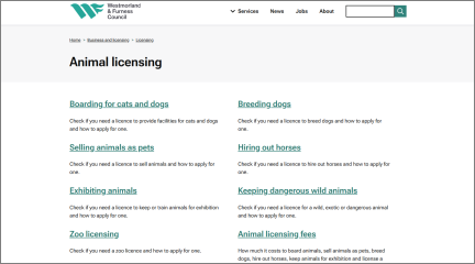 Council webpage for Animal Licensing