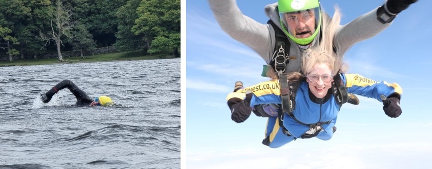 Senior Surveyor, Bryan Walker swimming Coniston Water - Rebecca Halton, Interim Senior Manager of Landlord Services and Homelessness skydiving