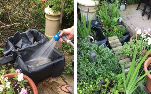 An example of a micro-pond being made out of old black recycling boxes