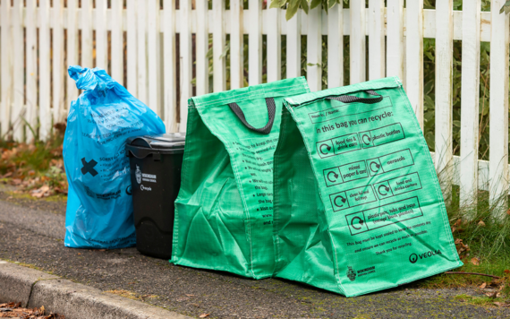 Photo of green recycling bags, food waste caddy and blue bin liner