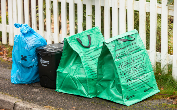Blue rubbish bag, black food caddy and green recycling bags