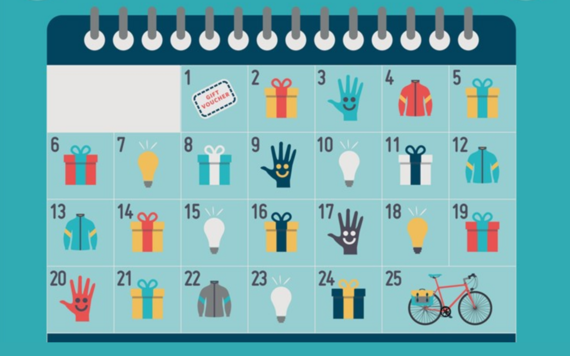 A calendar showing dates 1 to 25 of a month with icons of gifts and winter clothing on each day, with a bike on the last one