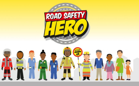 characters standing in a line underneath representing all different road users, such as emergency services and pedestrains