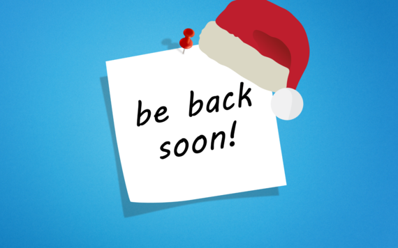 Blue background with post it note pinned reading 'be back soon' and a Santa hat on the corner of the note.
