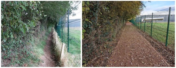 Left hand side shows narrow, unmade footpath. Right hand side shows upgraded footpath that has been widened and resurfaced