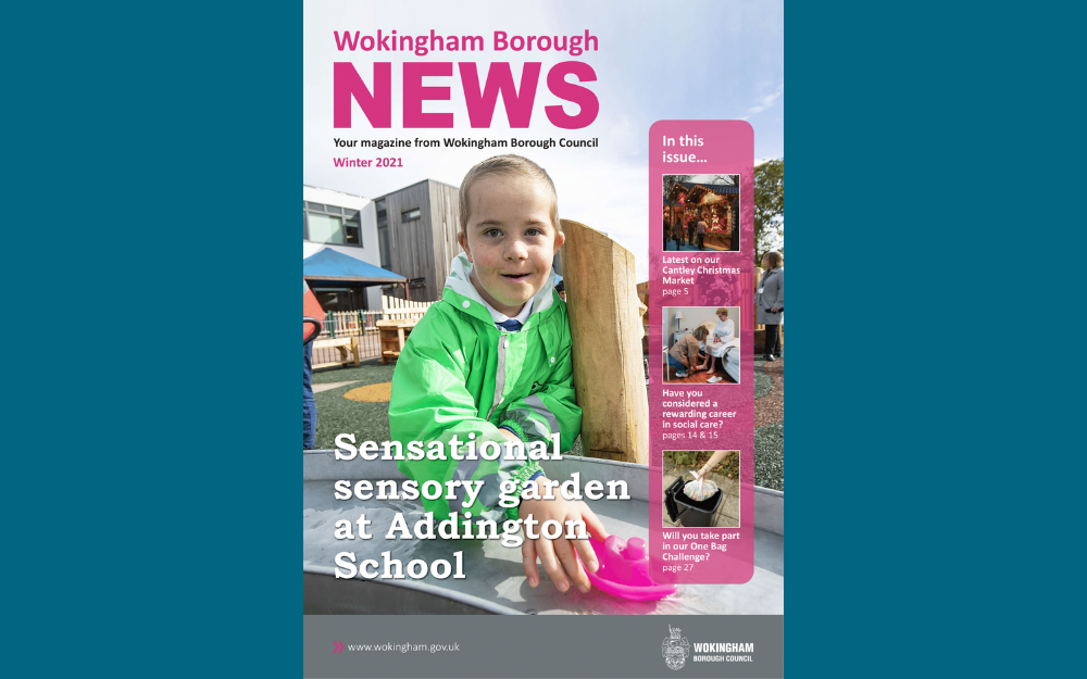 A child smiles next to a new play area on the front cover of the winter edition of Wokingham Borough News