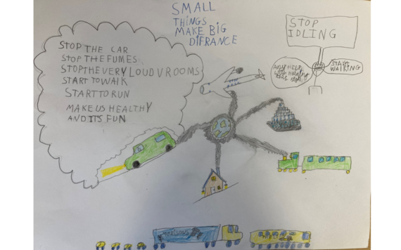 Poster drawn by a child with the earth in the middle surrounded by fumes and drawings of vehicles