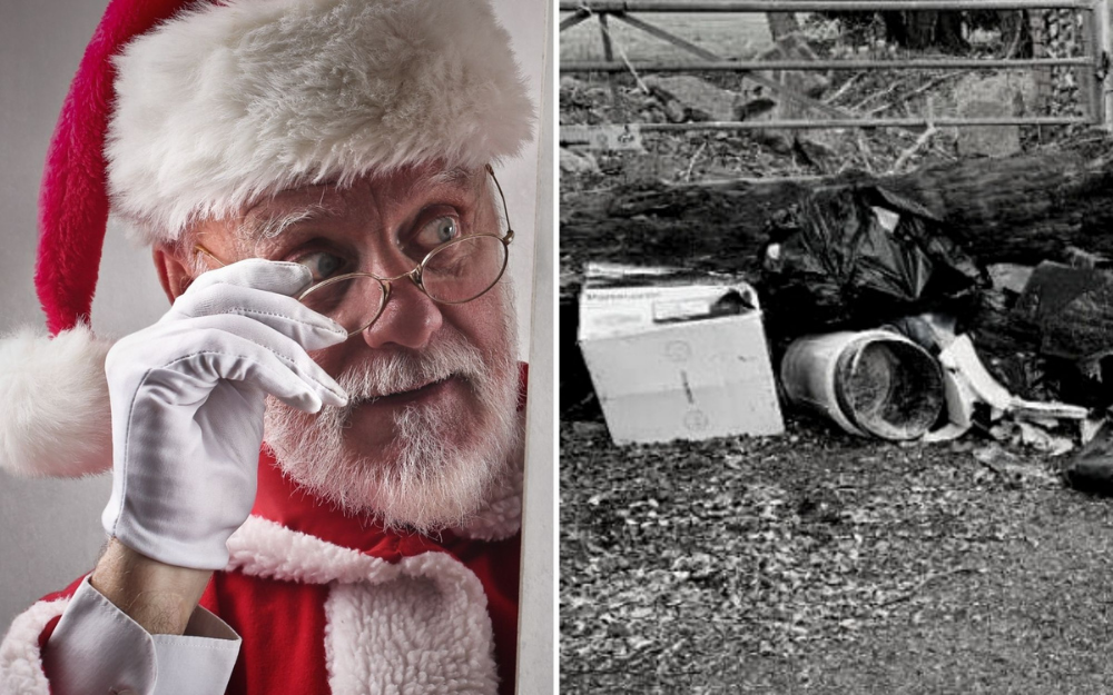 Santa lifts his glasses off his nose, side by side with a picture of fly-tipping