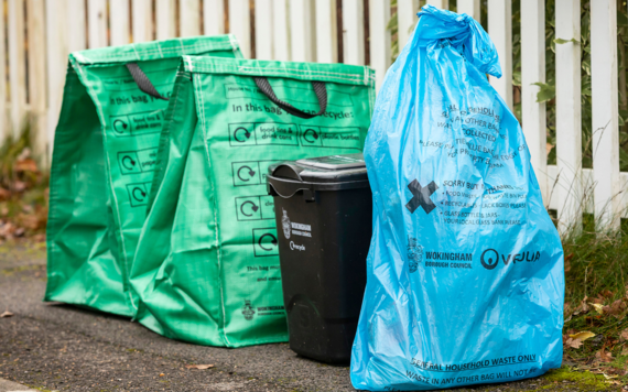 Blue bag, two green recycling bags and a food waste caddy kerbside