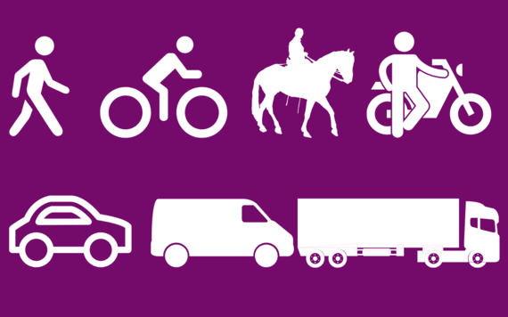 Purple background with graphics of a person walking, a cyclist, a horserider, a motorcyclicst, a car, a van and a lorry