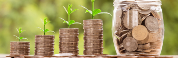 image showing four increasingly tall piles of coins with plants growing out of them