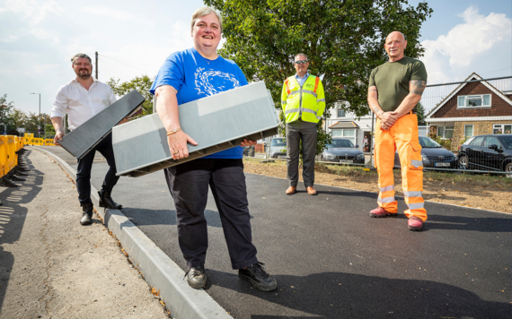 Cllr Pauline Jorgenson and Cllr Gregor Murray with project managers from Volkers and WBC holding plastic kerb